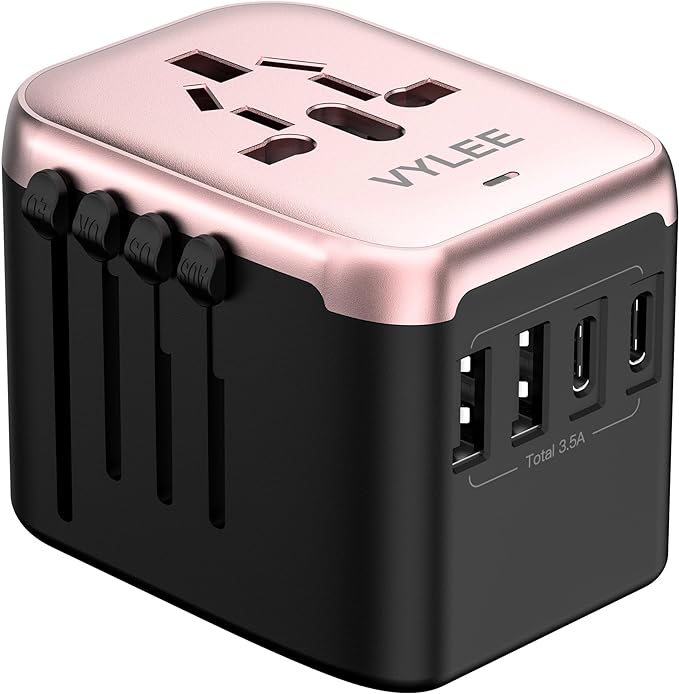 Universal International Power Travel Plug Adapter, 5 in 1 European Travel Plug Adapter W/ 3.5A 2xUSB-A and 2xUSB C Wall Charger and Worldwide AC Outlet for Europe USA UK AUS(Rose Gold)