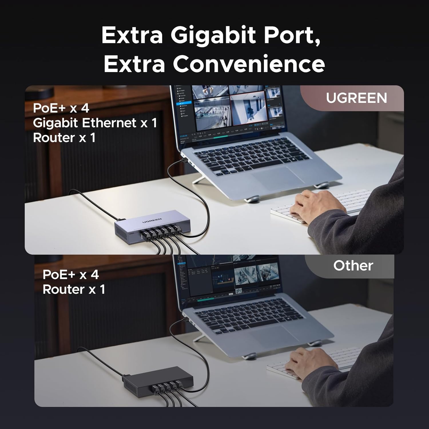 UGREEN Ethernet Switch, 6 Port PoE Switch, 4 PoE+@60W and 2 Gigabit Uplink, Plug & Play, Auto/VLAN/Extend Mode, Sturdy Metal, Desktop or Wall Mount Network Splitter Hub for Security Camera, IP Phone