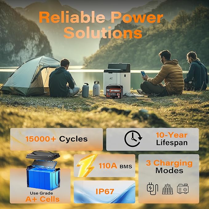 12V 100Ah LiFePO4 Battery MAX PLUS 2 Pack - 110A BMS with Low Temp Cutoff | 15000+ Deep Cycles for RV Solar Marine Trolling Motor | Off-Grid Backup Power Rechargeable Lithium Iron Phosphate Battery