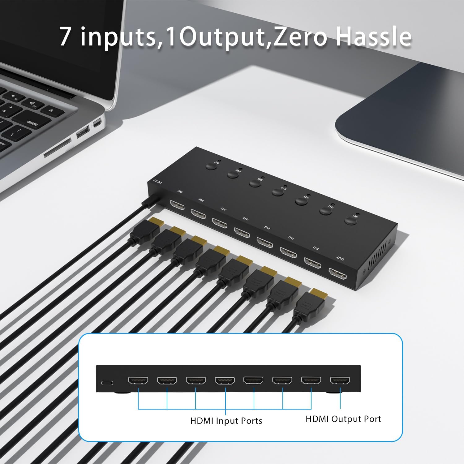 Y.D.F 7 Port HDMI Switch, 4k@60Hz HDMI Switcher 7 in 1 Out HDCP 2.0 Manual HDMI 2.0 Hub Support 3D Compatible with Nintendo Switch/OLED/Xbox/ PS5/4 Blu-Ray Player Fire Stick Roku Apple TV Chromeca