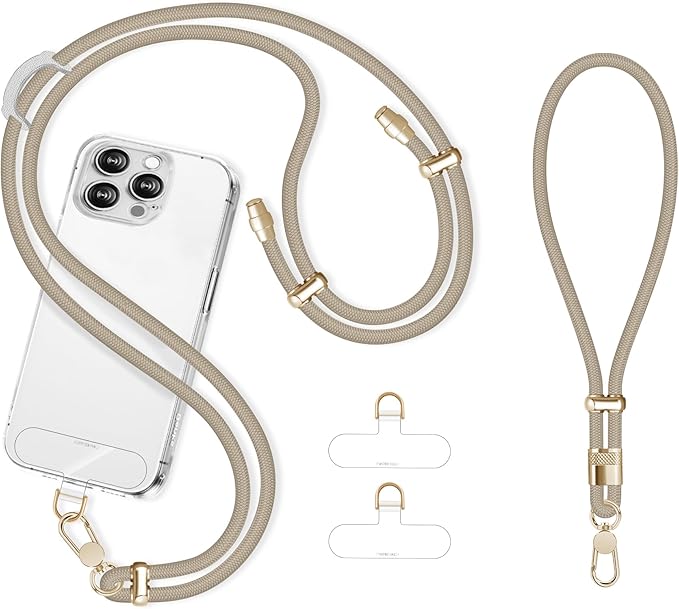 Cell Phone Lanyard Adjustable Crossbody Phone Lanyard *1 Phone Wrist Strap *1 with Deluxe Gold Matal Buckle + Clear Tether Tabs *2 for Shopping Travelling Hiking(KHAKI)