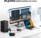 NEWCARE 8K HDMI Switch 3 in 1 Out, HDMI 2.1 Switch with Remote, HDMI Splitter 4K@120Hz Support 8K@60Hz HDCP2.3 HDR10+ VRR ALLM Dolby, HDMI Switcher Compatible with TV PS5/4 Xbox Laptops PC Projector