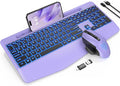 Wireless Keyboard and Mouse Backlits, Wrist Rest, LED Mouse, Rechargeable Ergonomic Keyboard with Phone Holder, Silent Light Up Combo for Computer, Mac, PC, Laptop, Chromebook (Purple)