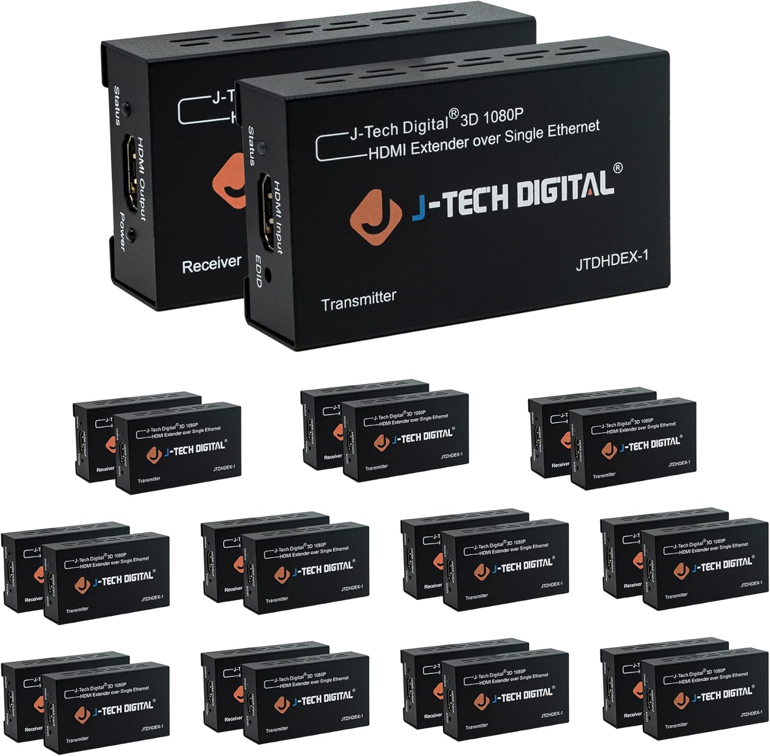 J-Tech Digital HDMI Extender 1080P 60Hz Over Single CAT 5e/6 Up to 200ft. | Deep Color, EDID Copy, Zero Signal Loss | Pack of 12 [JTDHDEX-1]