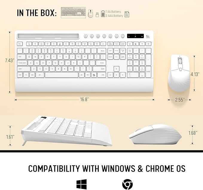 White Wireless Keyboard and Mouse Combo - Full-Size Quiet Keyboards with Palm Rest, Phone Holder, Multimedia Keys, Batteries Included, Office Key Board Compatible with Windows, PC, Laptop - Trueque