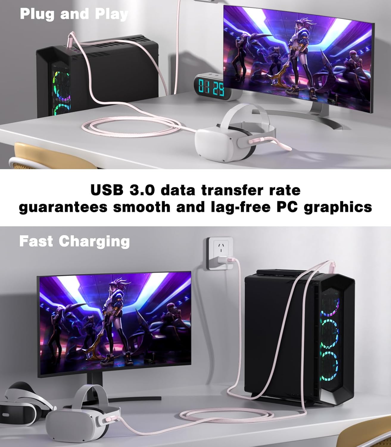 16FT VR Charging Link Cable | USB 3.0 High-Speed Data & Charge for Meta Quest 3S/3/2/Pro, Pico 4 and PC/SteamVR USB-C Charger Cord for VR Headset - Pink