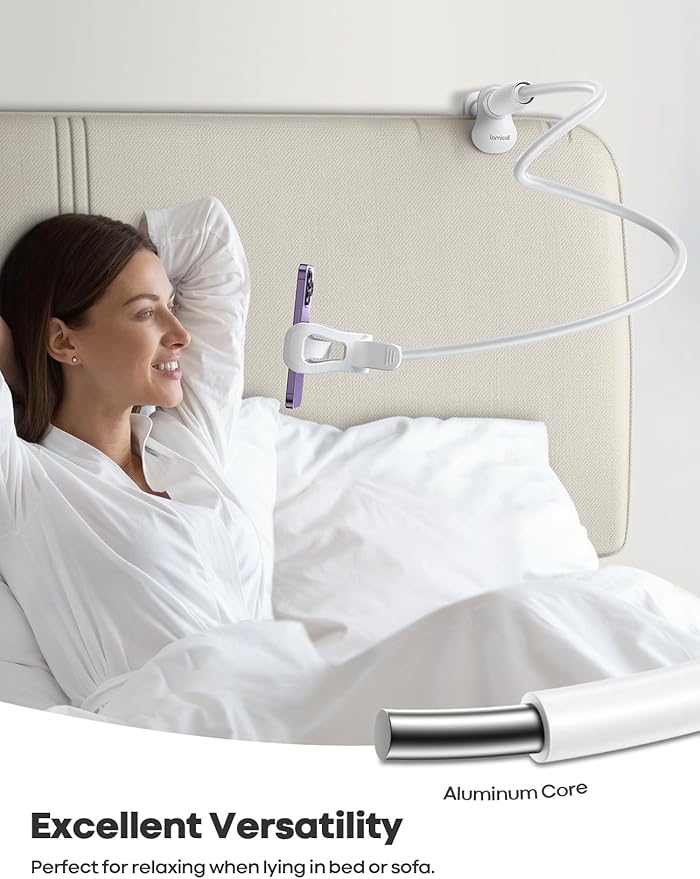 Lamicall Gooseneck Phone Holder for Bed - 360 Adjustable Clamp Clip, Overhead Cell Phone Mount Stand for Desk, Compatible with All Cellphone, White