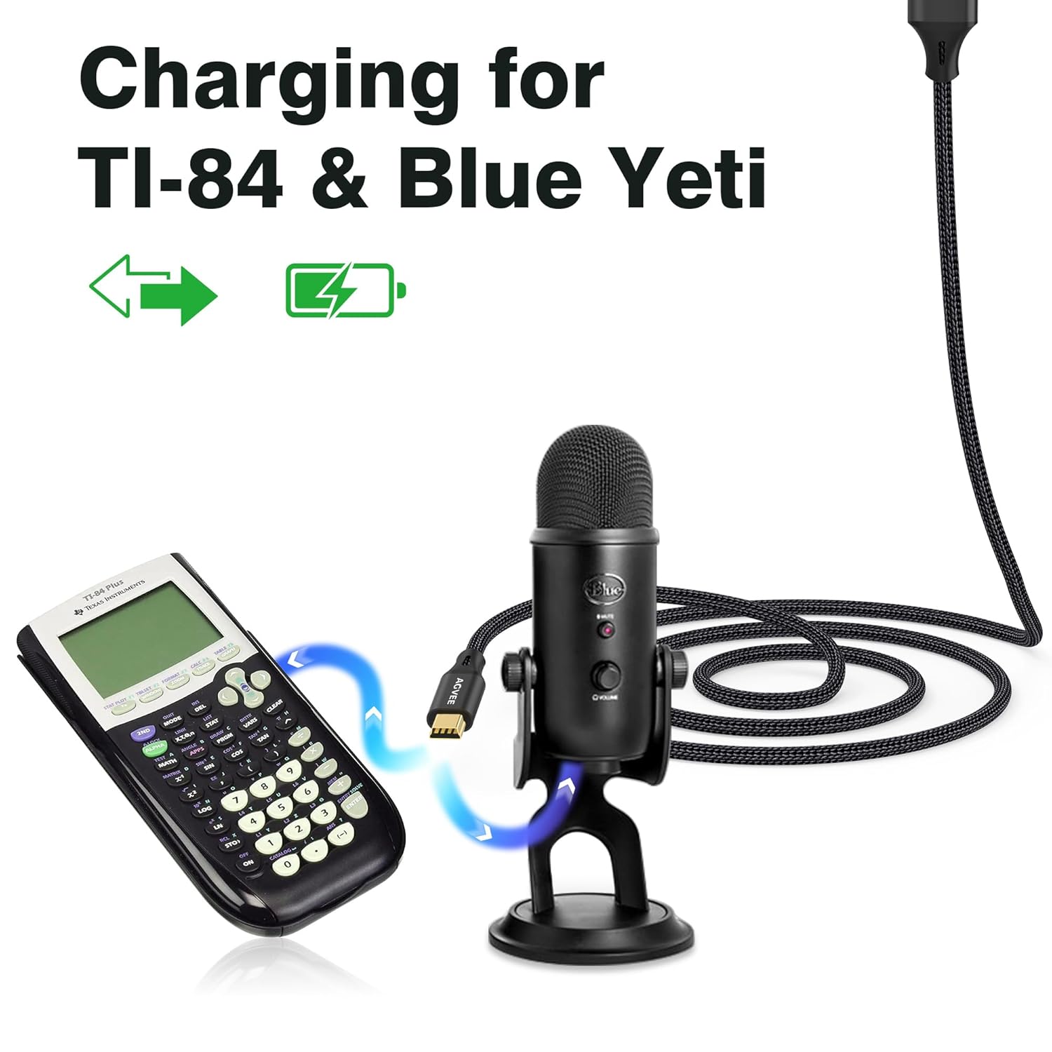 AGVEE 1ft Mini USB Cable, Braided Durable USB-A to Mini-B Charger Charging Cord for TI-84, Garmin GPS, Go-Pro Hero 4 3 2 HD, PS3 Controller, Canon Camera, Blue Yeti Microphone, Black