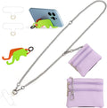 Clip and Go Strap for Phone Silver Metal Chain with Purple Pouch Wallet Crossbody Phone Lanyard for Women with Cell Phone Stand Holder 2 Patches Tether Adjustable Anti Theft for iPhone 16 Pro 15 All