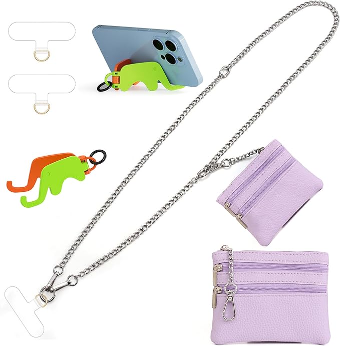 Clip and Go Strap for Phone Silver Metal Chain with Purple Pouch Wallet Crossbody Phone Lanyard for Women with Cell Phone Stand Holder 2 Patches Tether Adjustable Anti Theft for iPhone 16 Pro 15 All