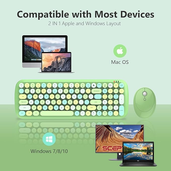 KNOWSQT Wireless Keyboard and Mouse Combo, Light Green 100 Keys 2.4 GHz Round Keycap Typewriter Cute Keyboards, USB Receiver Plug and Play, for Windows, PC, Laptop, Computer, Desktop