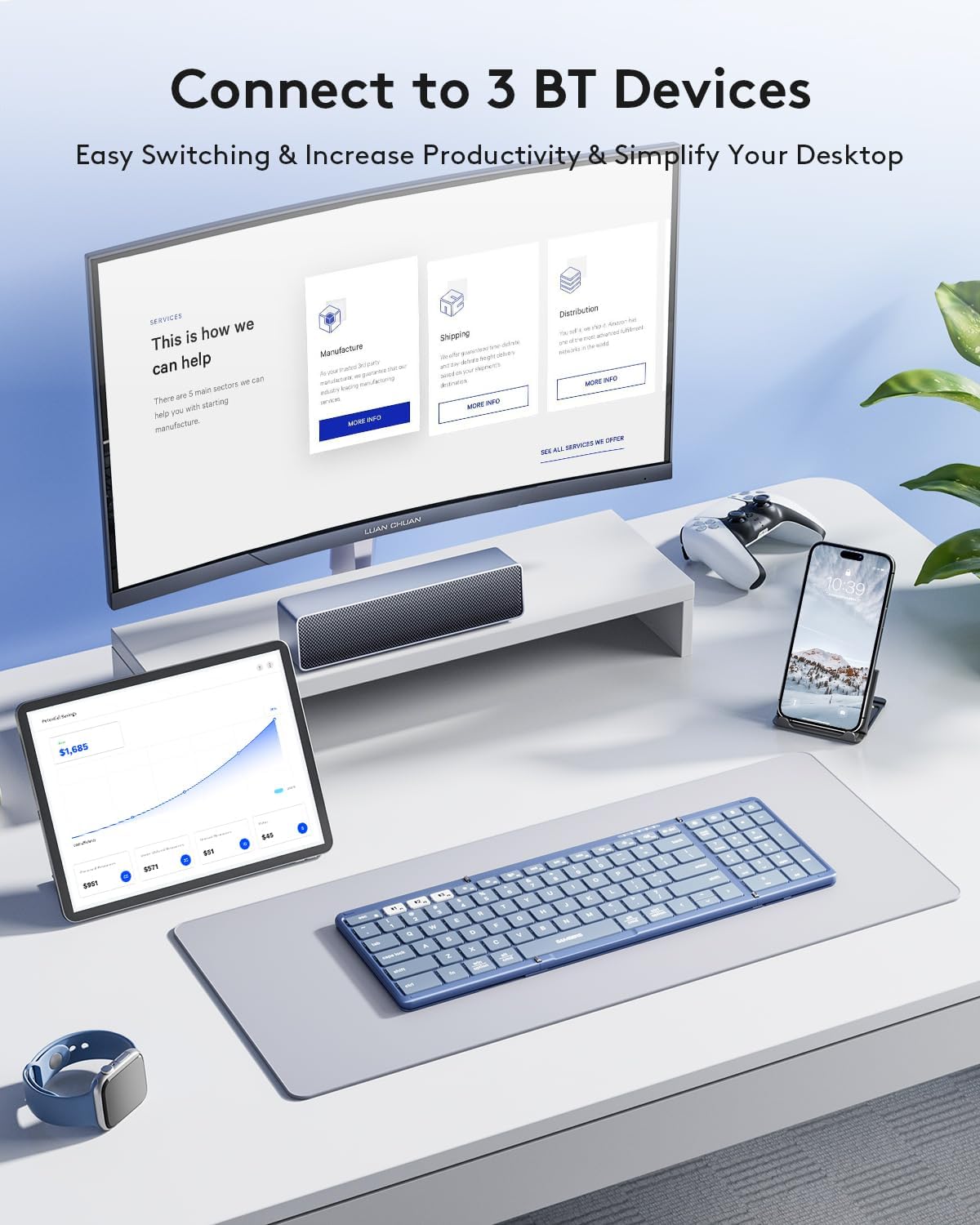 Samsers Foldable Bluetooth Keyboard with Numeric Keypad, Full-Size Wireless Folding PU Leather, Portable Travel for iOS Android Windows Mac OS, Support 3 Device(BT5.1 x 3) Blue