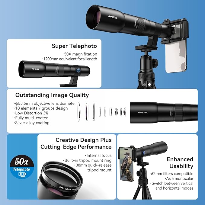 APEXEL 50x High Power HD Telephoto Lens | with Tripod & Universal Phone Clip for iPhone 16/15/14/13 Series, Samsung, Android and Most Smartphone | Landscapes Target Viewing, Wildlife Moon Photography