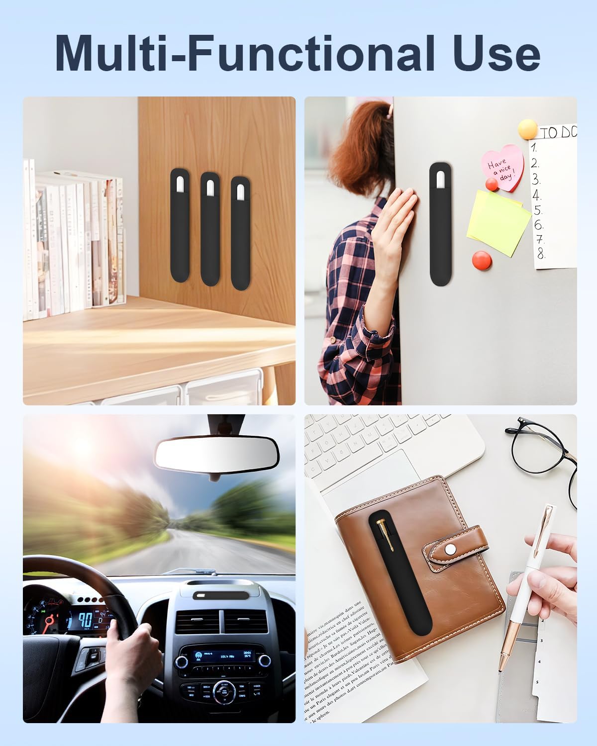 eZAKKA Silicone Pencil Holder For Most Pens,Pencils, 7.8 inch Self-Adhesive Stick To Notebooks,Diary, Desks,Tablet, Black, 1 Pack