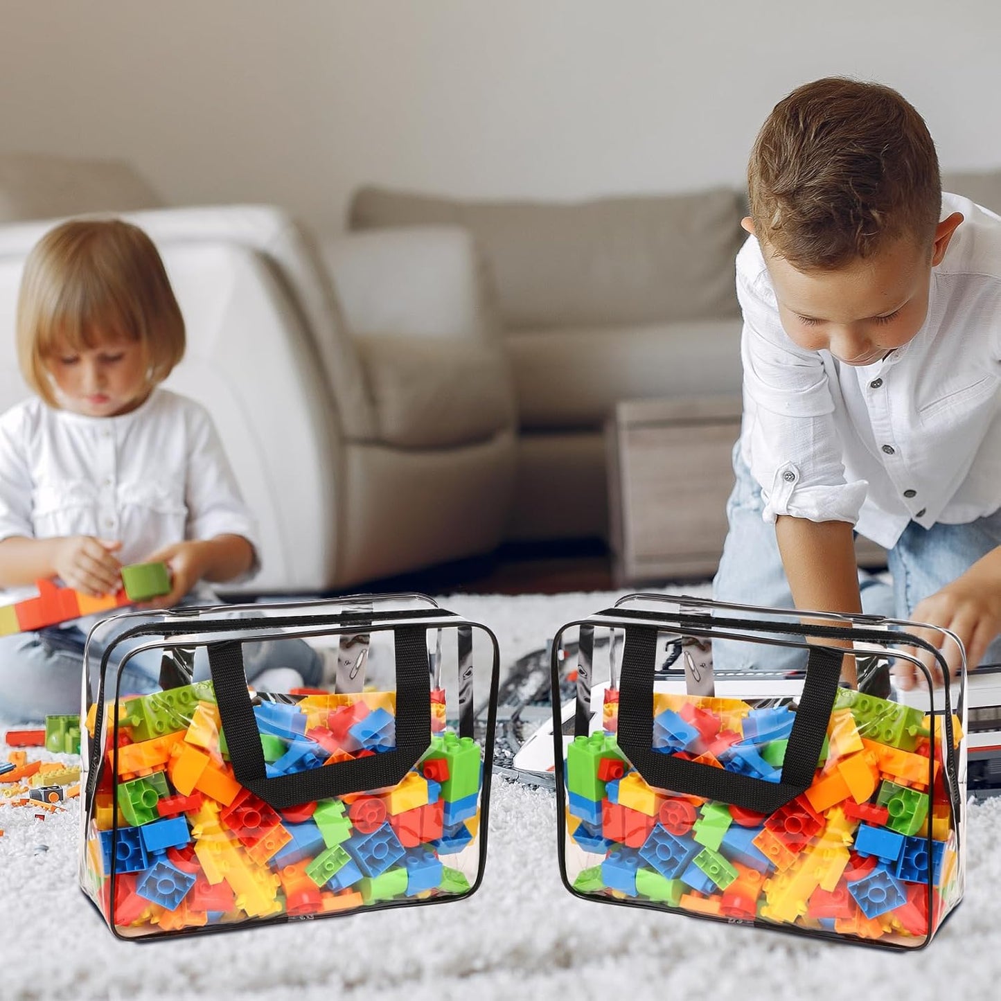 10 Packs Large Toy Storage Bags with Labels, Waterproof Clear PVC Storage Bags for Toys, Travel Organizer Bags with Zipper Closure for Puzzles, Building Blocks, Kids' Books