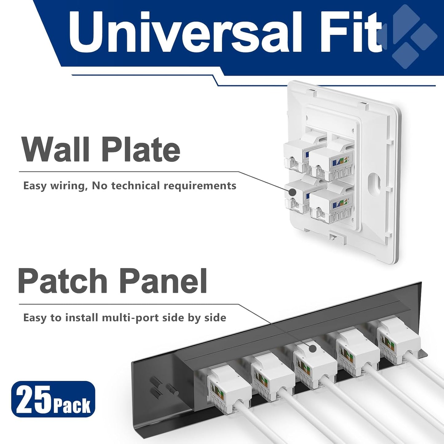 Keystone Jack 25-Pack, RJ45 Cat6 Keystone Jacks, Cat6 Ethernet Jack 90 Degree Punch Down Stand for Patch Panel & Wall Plate, White