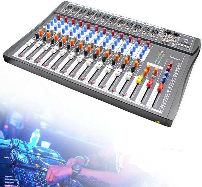 12 Channel Audio Mixer, DJ Soundboard Sound Mixer Console with Xlr, Line Inputs & 48V Phantom Power, Studio Audio Mixer KTV Sound Mixing Console for Professional and Beginners (12-Channel)
