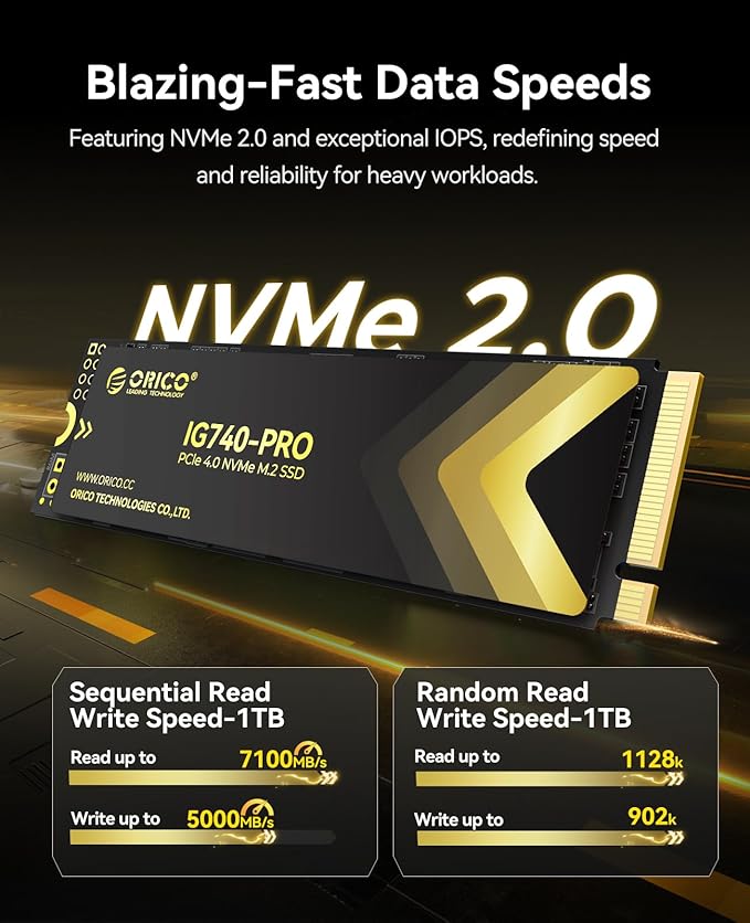 ORICO Industrial SSD 1TB M.2 NVMe SSD, PCIe 4.0 Drive with 7100MB/s Read Speed, Advanced Data Security and Innovative Heatsink, for Edge Computing, Industrial PC, Personal Laptop and PS5 - IG740PRO