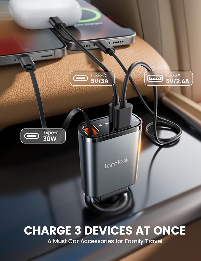 Lamicall Retractable Car Charger USB C Fast Charging [Ultra-Compact, 60% Less Space] 57W Type C Car Phone Charger fit iPhone 16 16e 15 Pro Max Plus Galaxy S25 S24 Ultra Pixel Android