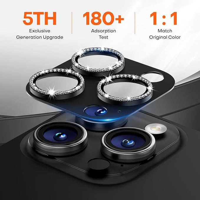 Camera Lens Protector for iPhone 16 Pro Max/16 Pro/15 Pro Max/15 Pro/14 Pro Max/14 Pro, Aluminum Alloy Sapphire Glass Camera Screen Cover, Case Friendly- Black Diamond