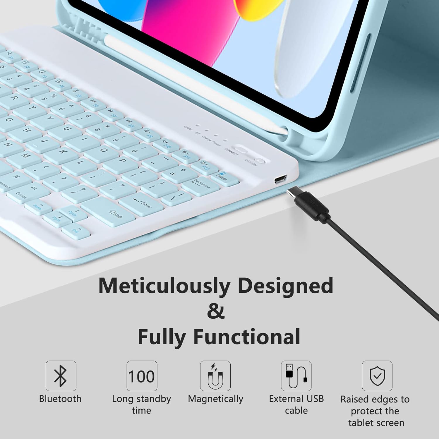 MMK iPad A16 Case (2025, 11"), iPad 10th Generation Case with Keyboard (2022, 10.9"), Wireless Detachable Keyboard, Pencil Holder (Blue)