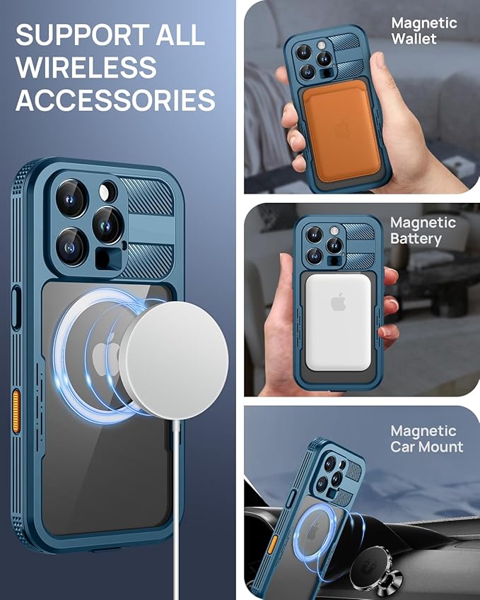 Lanhiem Magnetic for iPhone 16 Pro Max Case, IP68 Waterproof Dustproof Case, [Compatible with Magsafe] [Built-in Screen Protector] Full Body Heavy Duty Rugged Phone Cover 6.9 inch, Blue/Clear
