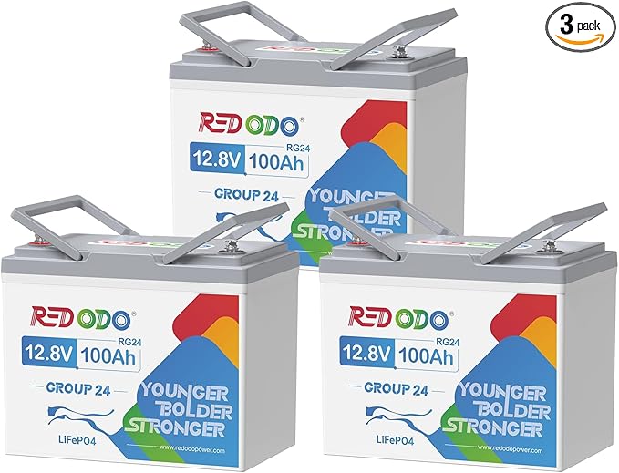 Redodo 3 Pack 12V 100Ah Group 24 Lithium Battery, 1280Wh Deep Cycle with 100A BMS, 4000+ Cycles Lithium Rechargable Battery for All RVs, Van, Camper, Solar Power Storage, Off-Grid