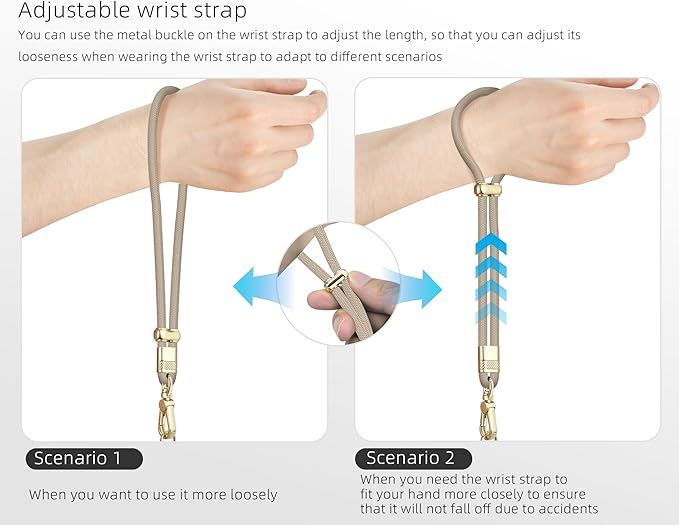 Cell Phone Lanyard Adjustable Crossbody Phone Lanyard *1 Phone Wrist Strap *1 with Deluxe Gold Matal Buckle + Clear Tether Tabs *2 for Shopping Travelling Hiking(KHAKI)