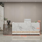 Front Desk Reception Counter - Lockable Storage & Keyboard Tray | Reception Desk with Counter, Customizable Large Counter Table (Grey+White, 100'')