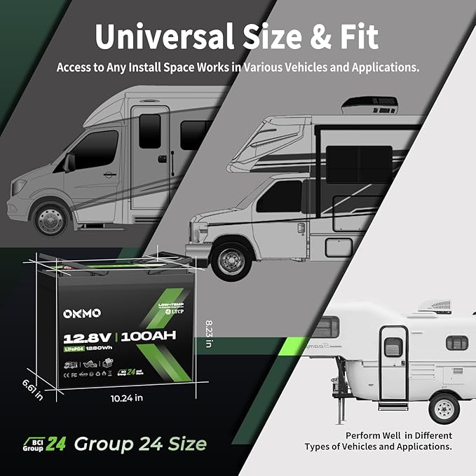 OKMO 12V 100Ah LiFePO4 Battery,Group 24 Lithium Battery 100A BMS，10 Years Lifetime 15000+ Deep Cycles,for Marine, RV, Trolling Motor, Boat, Camper, Solar Home Storage Iron Phosphate Battery