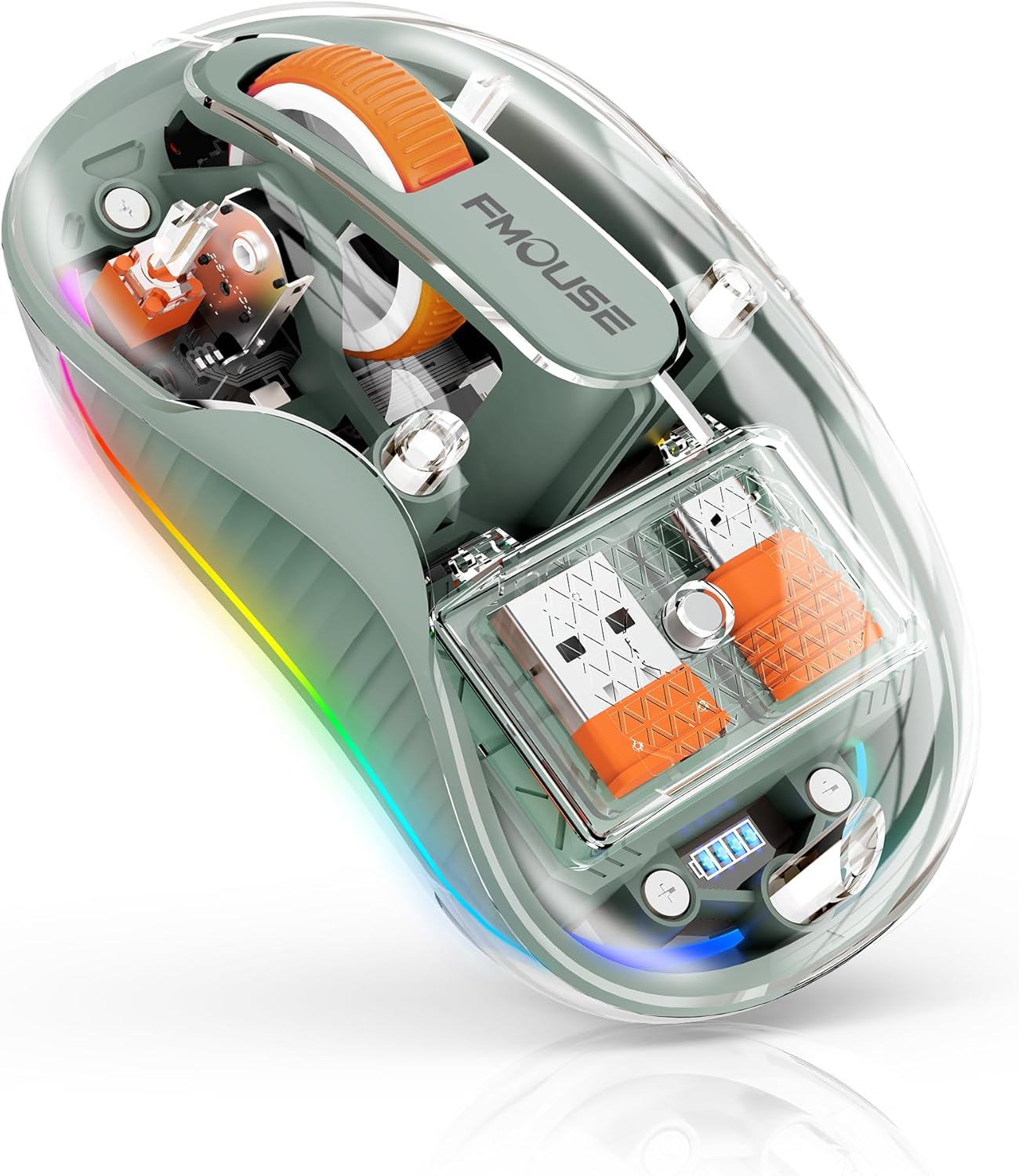 Bluetooth Wireless Mouse, Transparent RGB Tri-Modes Mouse,Bluetooth & 2.4GHz for Multi Device, USB-C Receiver Ideal for MacBook/Laptops, Rechargeable, Silent, Portable, Cool LED, Ergonomic - Green