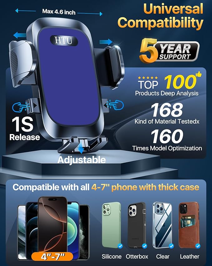 HTU Upgraded Strongest Suction Car Phone Holder Bendable Arm, Never Block View Rotatable Cellphone Mount for Dashboard Windshield Vent, Cradle Stand for iPhone 16 15 14 13 12 Pro Max (Lndigo Blue)