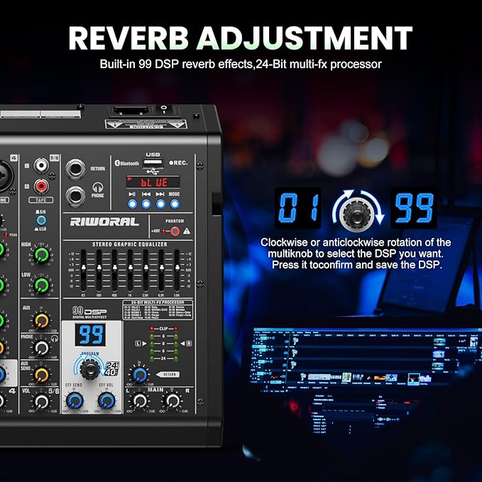 6 Channel Audio Interface Dj Mixer Soundboard Console 99 Dsp Reverb Delay Effect USB Bluetooth Studio Audio Mixer +48V Phantom Bluetooth for Karaoke Streaming Recording, Live Broadcast
