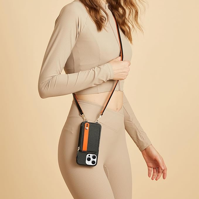 LAMEEKU for iPhone 15 Pro Max Wallet Case with Card Holder, Zipper Leather Crossbody Case with Kickstand Wrist Strap Lanyard for Women, Cover Phone Grip Holder Stand 6.7" -Black