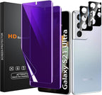 [2+2 Pack] Lesakit Anti-Blue Light Privacy Screen Protector for Samsung Galaxy S21 Ultra 6.8 inch with 2 Pack Camera Lens Protector, [Support Fingerprint ID] Anti Spy TPU Flexible Screen Protector- Purple