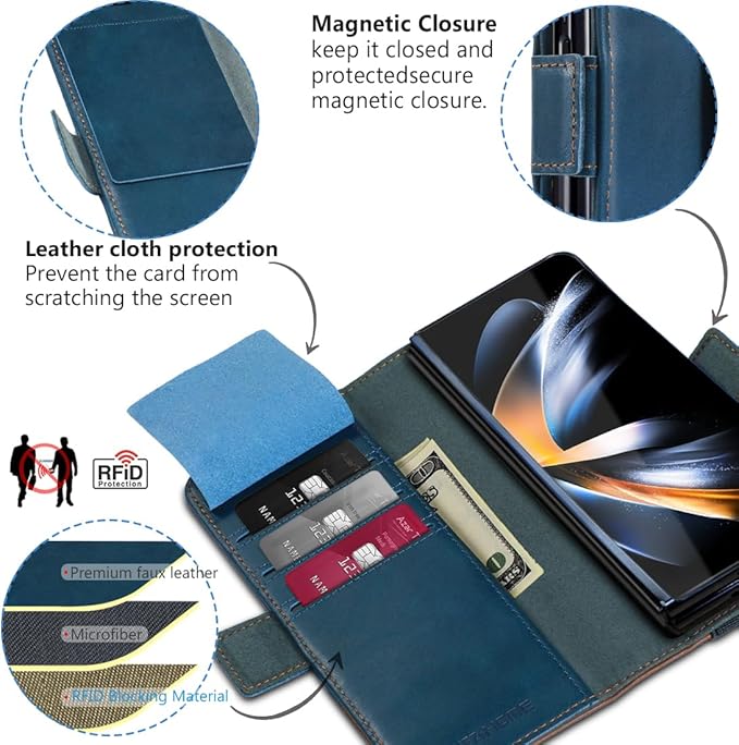 KEZiHOME for Samsung Galaxy Z Fold 6 Case, Genuine Leather Wallet Case [RFID Blocking] with Card Holder Stand Folio Protective Phone Cover Compatible with Galaxy Z Fold6 5G (Royal Blue/Brown)