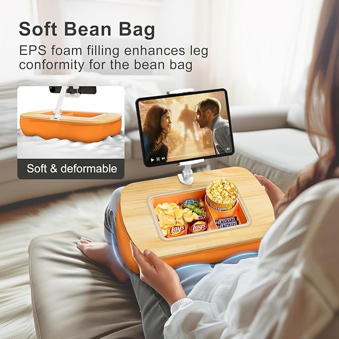 Lap Beanbag Tablet Pillow Stand with Snack Bowl and 360° Rotating Arm, Adjustable iPad Holder for Bed, Couch, and Recliner, Compatible with 4.7"-13" Kindle, iPad, Tablet, Phone,Orange