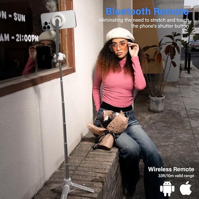 PHOPIK 35" Magnetic Selfie Stick Phone Tripod, Extendable Phone Tripod with Cold Shoe and Remote,Compatible with iPhone/Android/Sport Camera Perfect for Video Recording/Selfies/Insta360 x5（White）