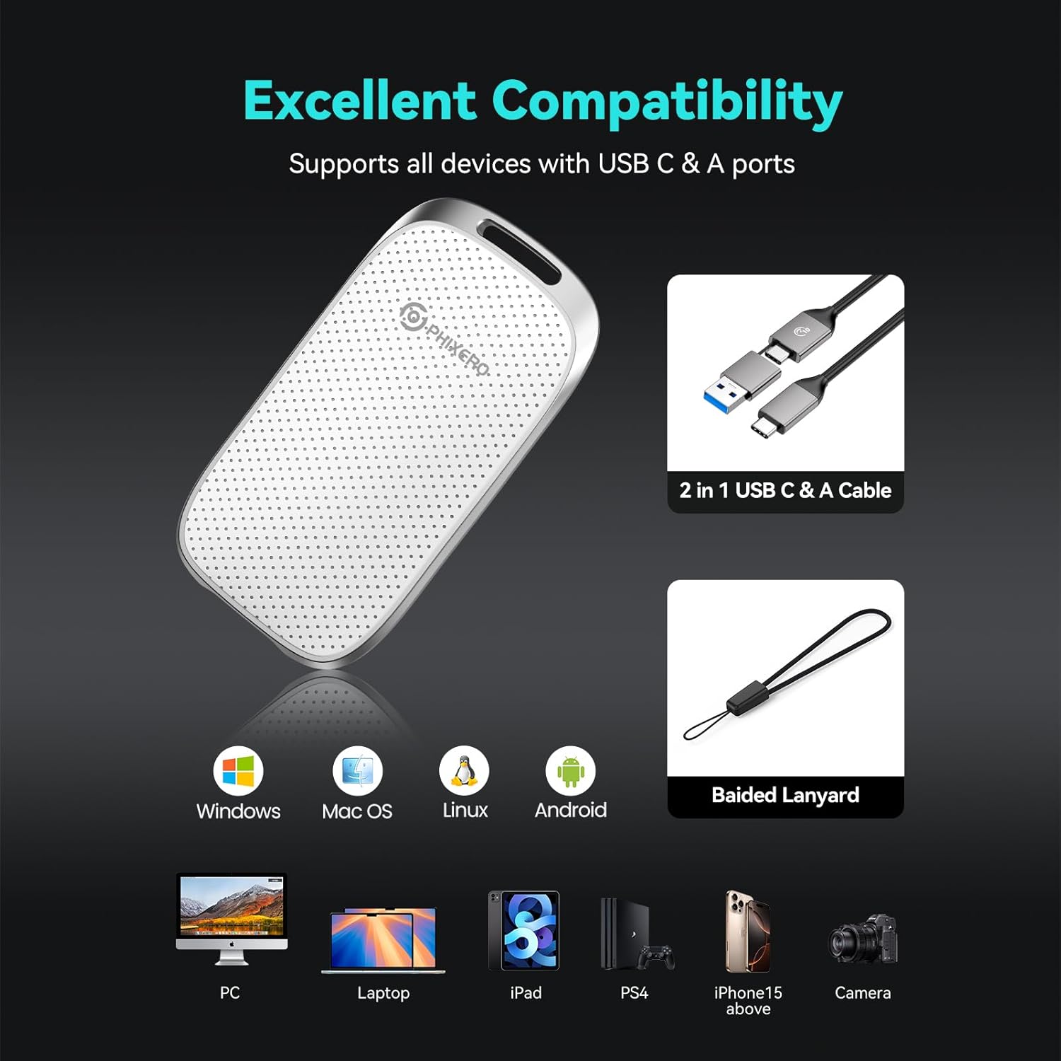 PHIXERO 2TB Portable SSD, Type-C Interface, Up to 450Gbps, Built-in mSTAT SSD for Ultra-Fast Data Transfer,White