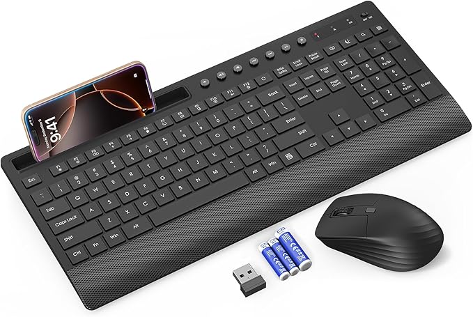 Trueque Wireless Keyboard and Mouse Combo - Full-Size Quiet Keyboard with Palm Rest, Phone Holder, Multimedia Keys, Power Switch, Compatible with Windows, Chrome OS, PC, Laptop (Batteries Included)