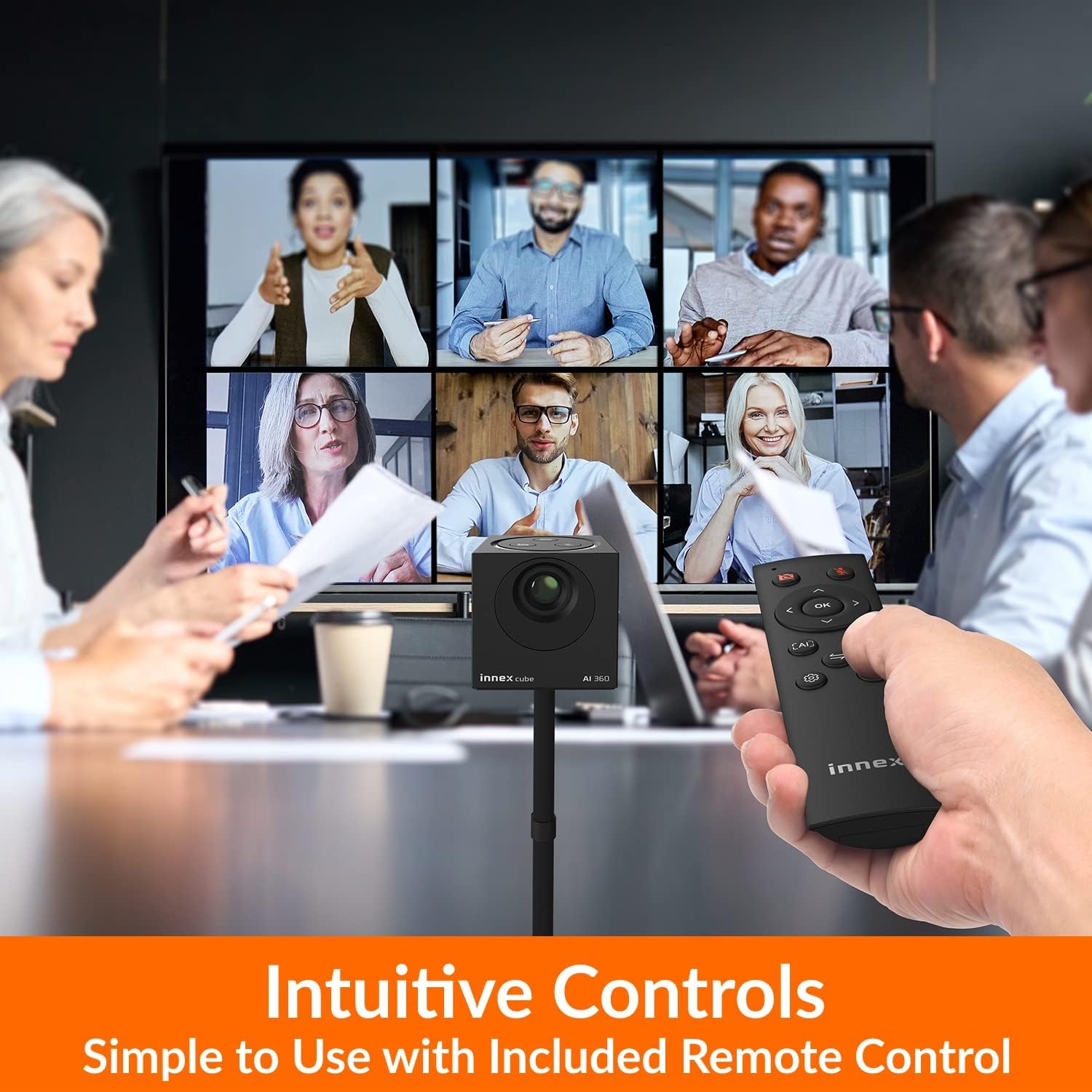 Innex Cube 4K 360 Degree Video Conference Camera with Multiple AI Modes, Dual Omnidirectional Mics, Remote, Plug and Play Conference Room Webcam for Zoom, Microsoft Teams, Open Space, Meeting Room
