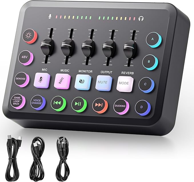 F11 Gaming Audio Mixer, Sound Board for PS5/ PC/Phone, Live Streaming Audio Interface with 3.5mm/XLR Microphone Input, Individual Control Live Sound Card, DJ Mixer Effects, Voice Changer, Denoise