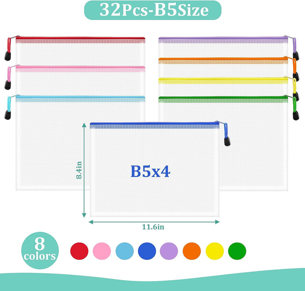 32pcs Mesh Zipper Pouch Bags, B5 Mesh Pouch, 8 Color Zipper Pouches for Organizing, Board Game Storage, Travel, School, Office