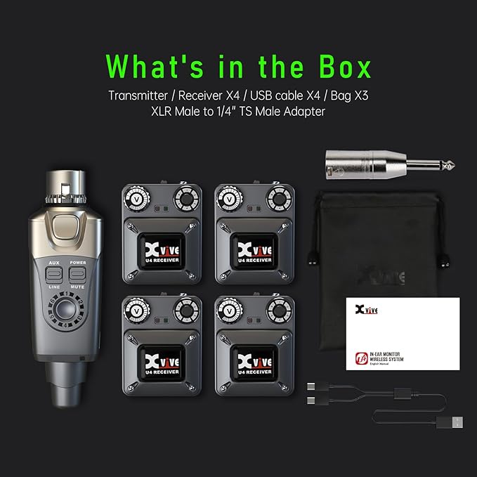 Xvive U4R4 Wireless in-Ear Monitor System Professional IEM System,1 Transmitter and 4 Beltpack Receiver for Studio, Band Rehearsal,Live Performance(U4R4)