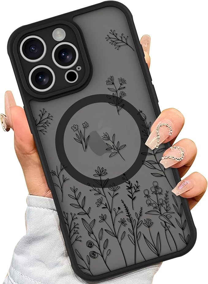 AIGOMARA Magnetic Case for iPhone 16 Pro Max [Compatible with MagSafe] Cute Black Flower Floral for Women Girls Soft TPU Bumper Hard PC Back Anti-Fall Shockproof Protective Slim Cover