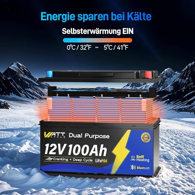 12V 100Ah Dual Purpose Marine Cranking LiFePO4 Lithium Battery Bluetooth 1200CCA / 1500MCA, Starting Lithium Batterys with Self-Heating, Built-in 200A BMS, Perfect for Trolling Motor, Boat