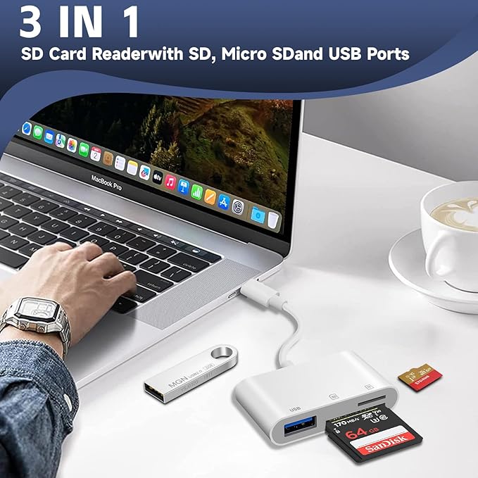 SD Card Reader for iPhone 15/16/iPad/MacBook - USBC Dual Port Memory Card Reader Adapter, Compatible with Canon/Nikon/Sony/Kodak Digital Cameras, SD/MicroSD, Plug & Play (No App Required)