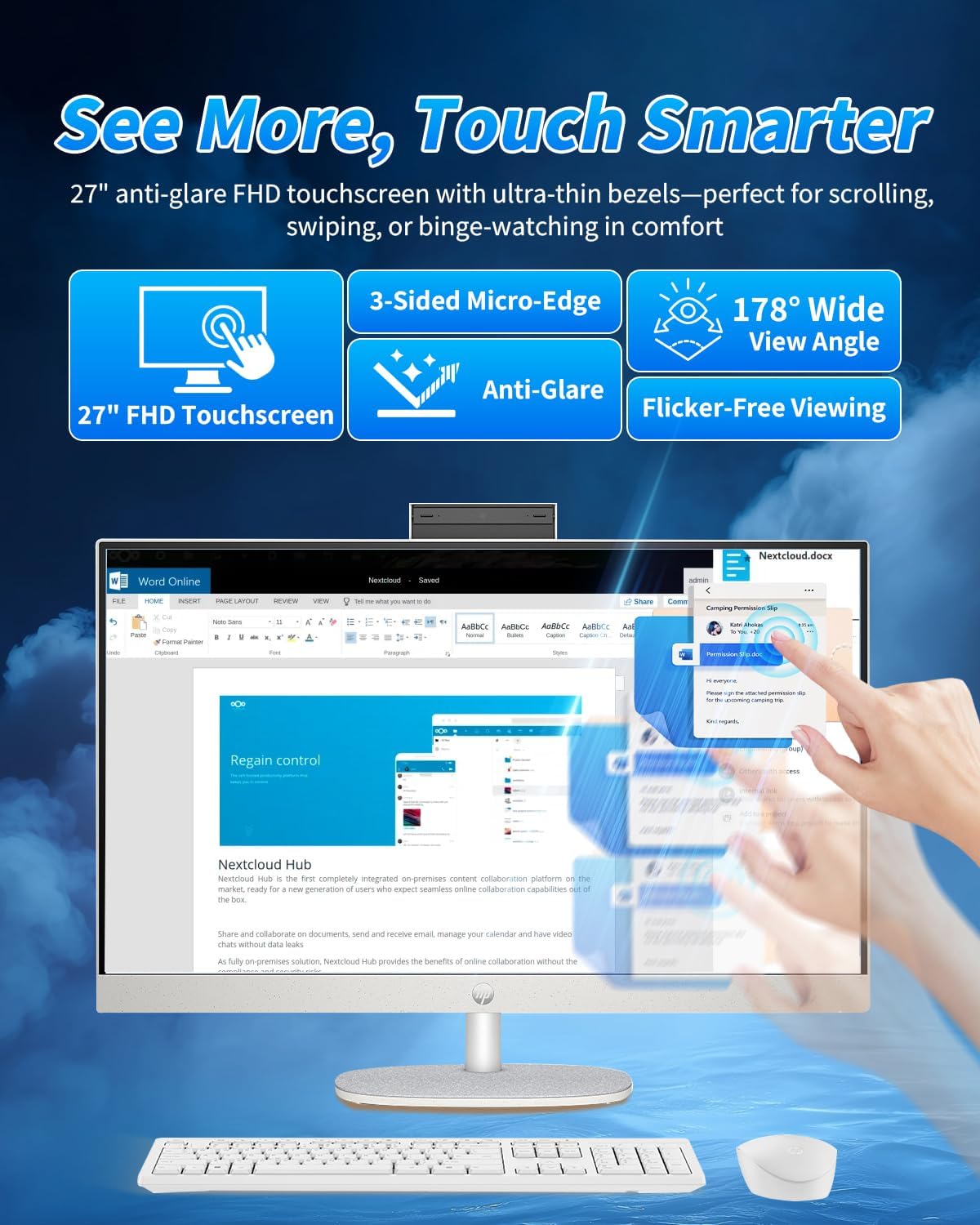 HP 27" All-in-One Desktop Computer - FHD Touchscreen | Intel Ultra 7‑155U | AI‑Enhanced Display, Facial Login | Privacy Pop‑Up Camera | Win 11 Pro, w/Accessories | 64GB DDR5 + 4TB SSD