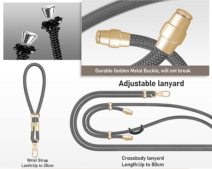 Cell Phone Lanyard Adjustable Crossbody Phone Lanyard *1 Phone Wrist Strap *1 with Deluxe Gold Matal Buckle + Clear Tether Tabs *2 for Shopping Travelling Hiking(BLACKGRAY)