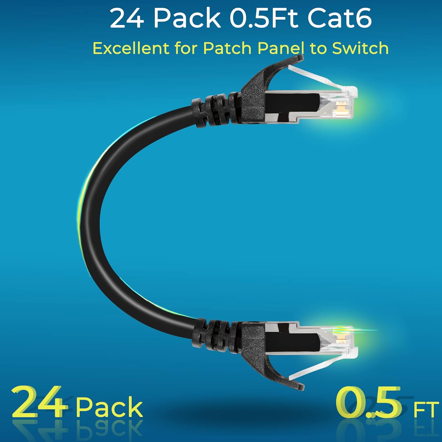 Rapink Patch Cables Cat6 0.5ft (24 Pack), Ethernet Patch Cable 10G, Cat 6 Patch Cable for Patch Panel to Switch, Flexiable Cat 6 Ethernet Cable with Gold Plated Black